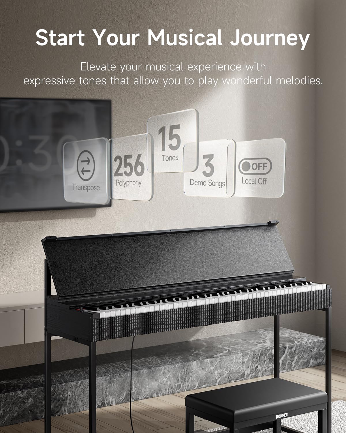 Donner OURA S300 Digitalpiano mit 88-Tasten schwergewichtetem Keyboard für Fortgeschrittene, Elektropiano mit Graded Hammer Tastenfeld, Bluetooth, 2 * 15W, Halbpedal, 256-Polyphonie, Schwarz