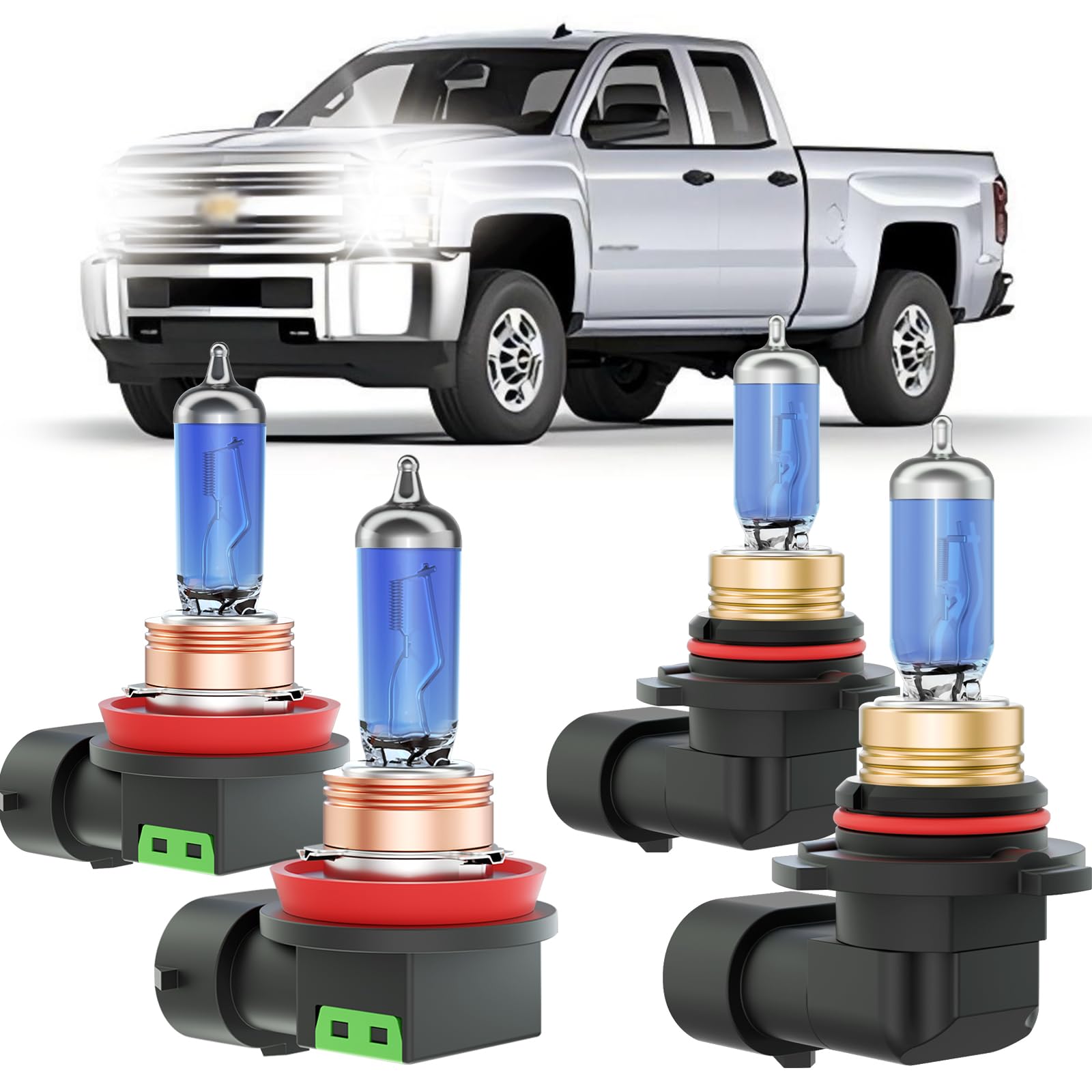 XFLHEHD Fits for 2007-2015 Chevy Silverado 1500 2500 Halogen Headlight Bulbs Combo, Ultra Bright 5000K White High Low Beam Headlight Bulbs, Plug and Play, 4 Pack