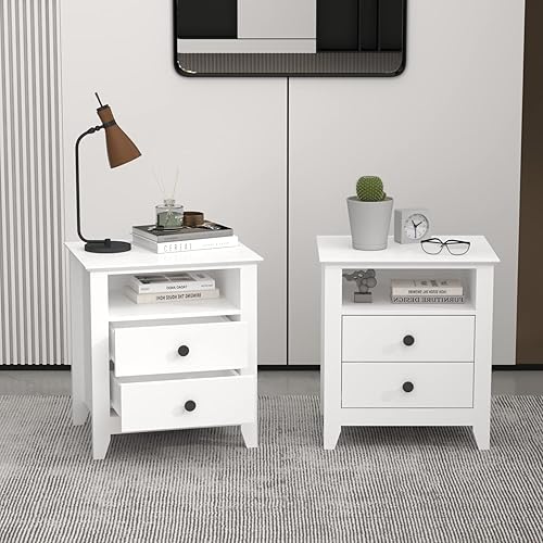 Hitow Mesita de noche blanca con 2 cajones y estante abierto, mesa auxiliar de mediados de siglo y patas de metal, espacio pequeño, dormitorio, sala