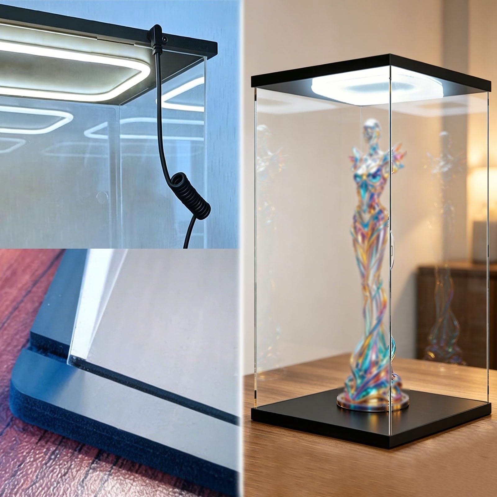 Sliding Acrylic Display Case with LED Light, Tall Clear Display Box for Figures/ Trophy/ Crystals, 4 8 12 16 20 24 in, Dustproof Cover Showcase Black(25x25x25cm/10x10x10in)
