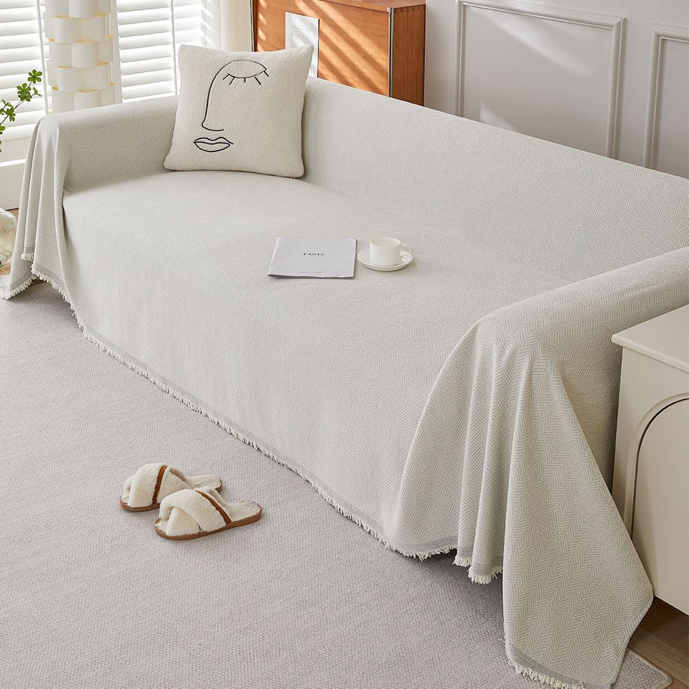 Highdi Sofa Throws Large Reversible Extra Large Throws For Settees Versatile Woven Soft Throw Blanket with Tassels for Settees Couch Sofa Bed Armchair (180x230cm,White)