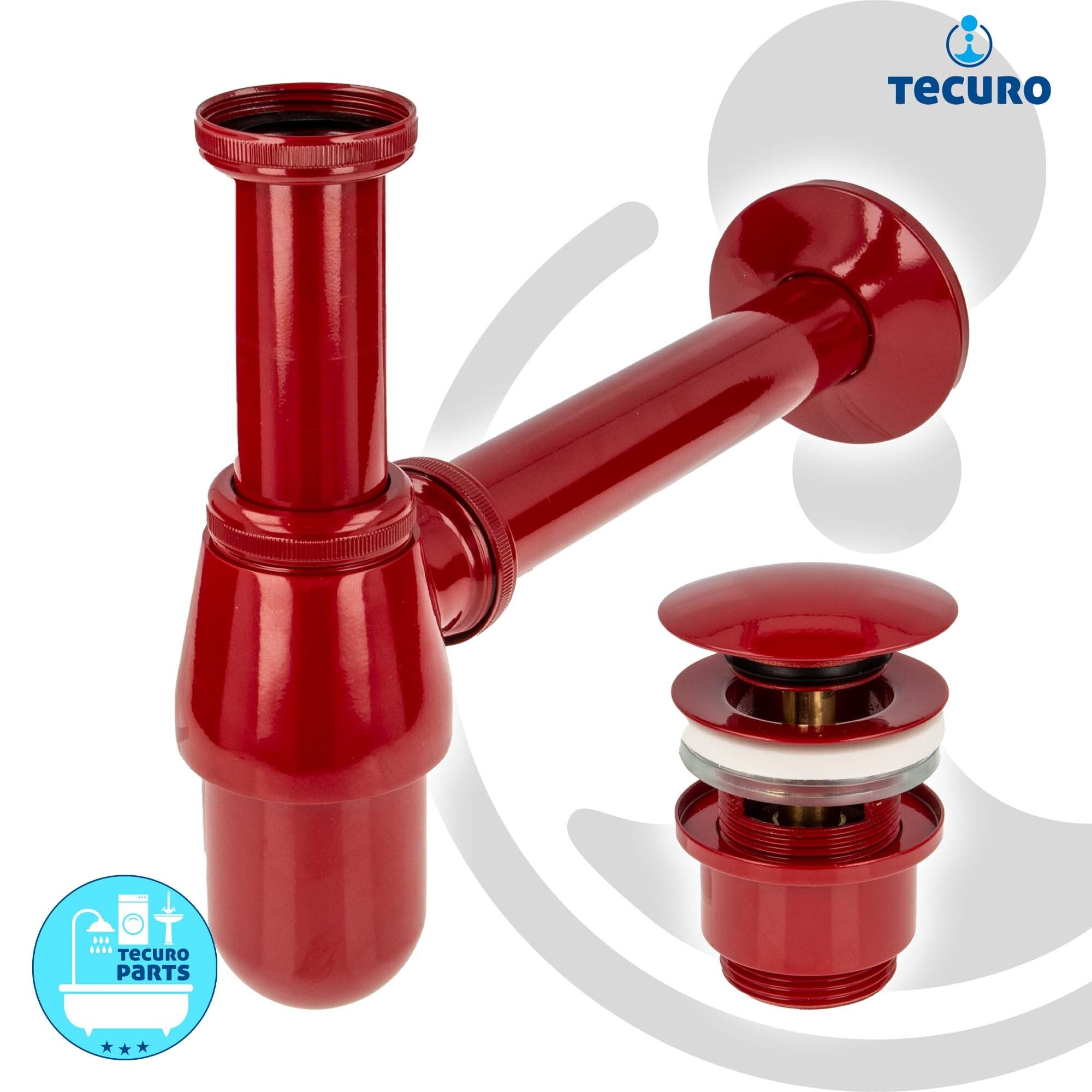tecuro Siphon mit Pop Up Ablaufventil rot (RAL 3003) - Universal Set für Waschtisch/Waschbecken