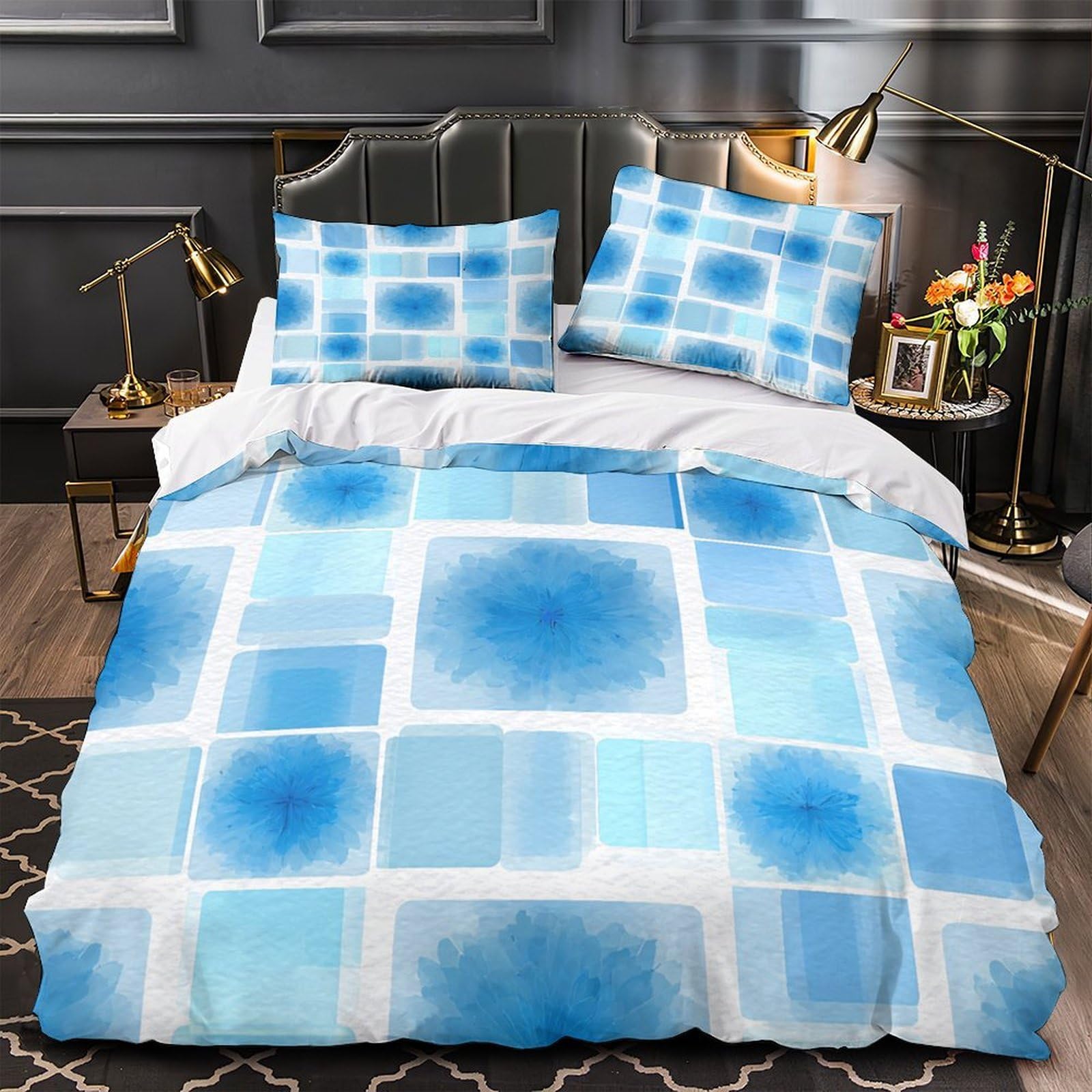 Housse de couette bleu floral 3 pièces microfifre douce 135x200cm