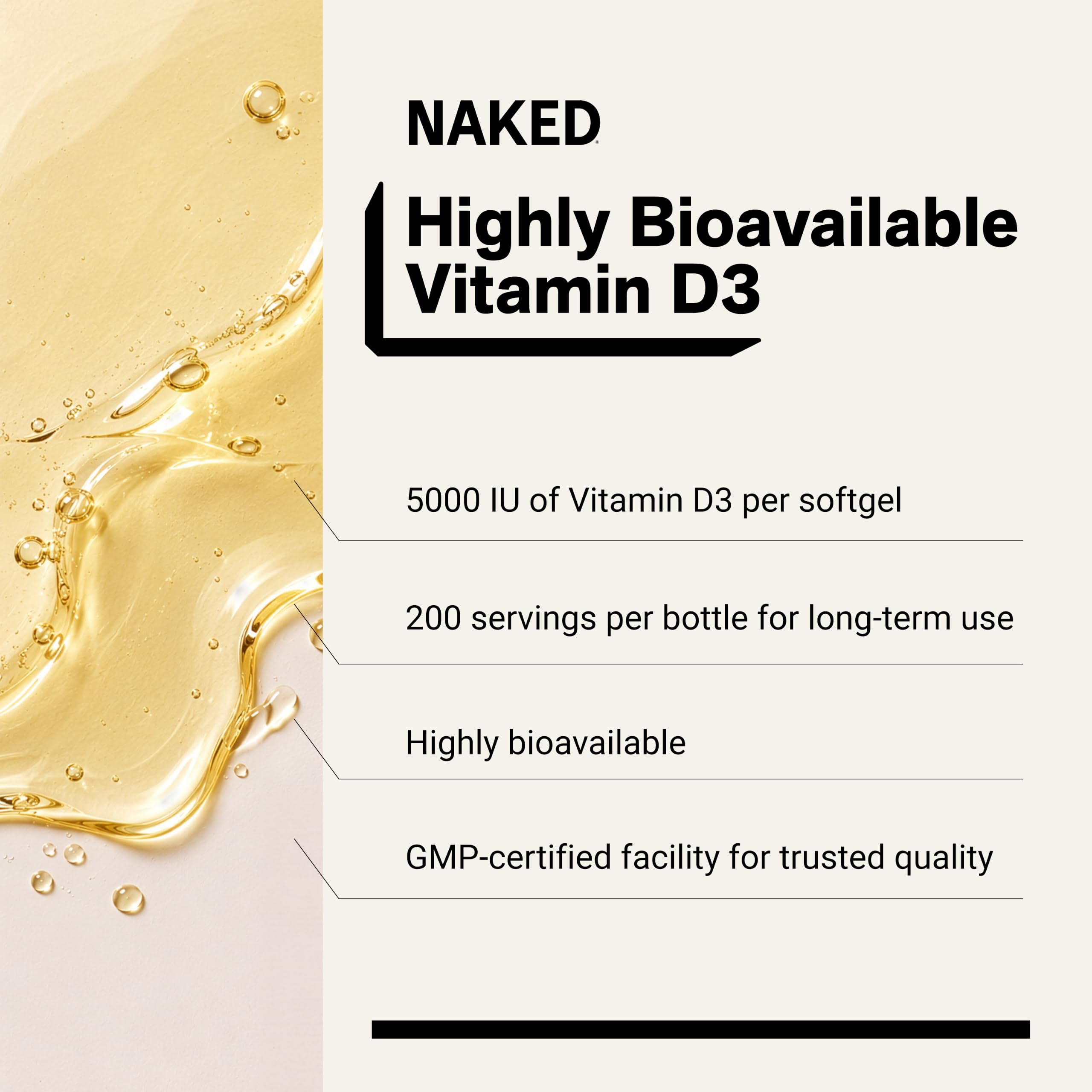 NAKED Vitamin D3 5000 IU – High Potency Vitamin D Supplement for Immune Support, Bone Strength, Muscle Function – 200 Vitamin D Softgels — Amazon image 4