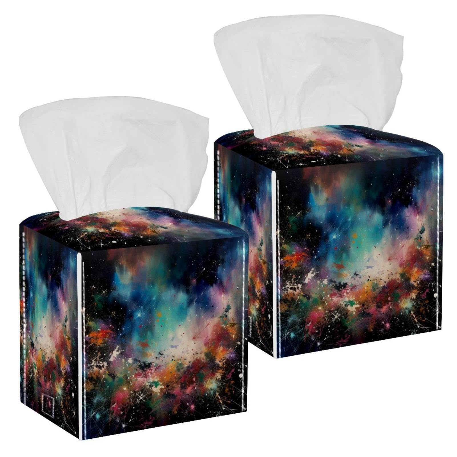 Dreamy Starry Sky Star Night Tissue Box Cover, 2 Pack PU Leather Square Facial Tissue Dispenser Box holder for Home Office Car