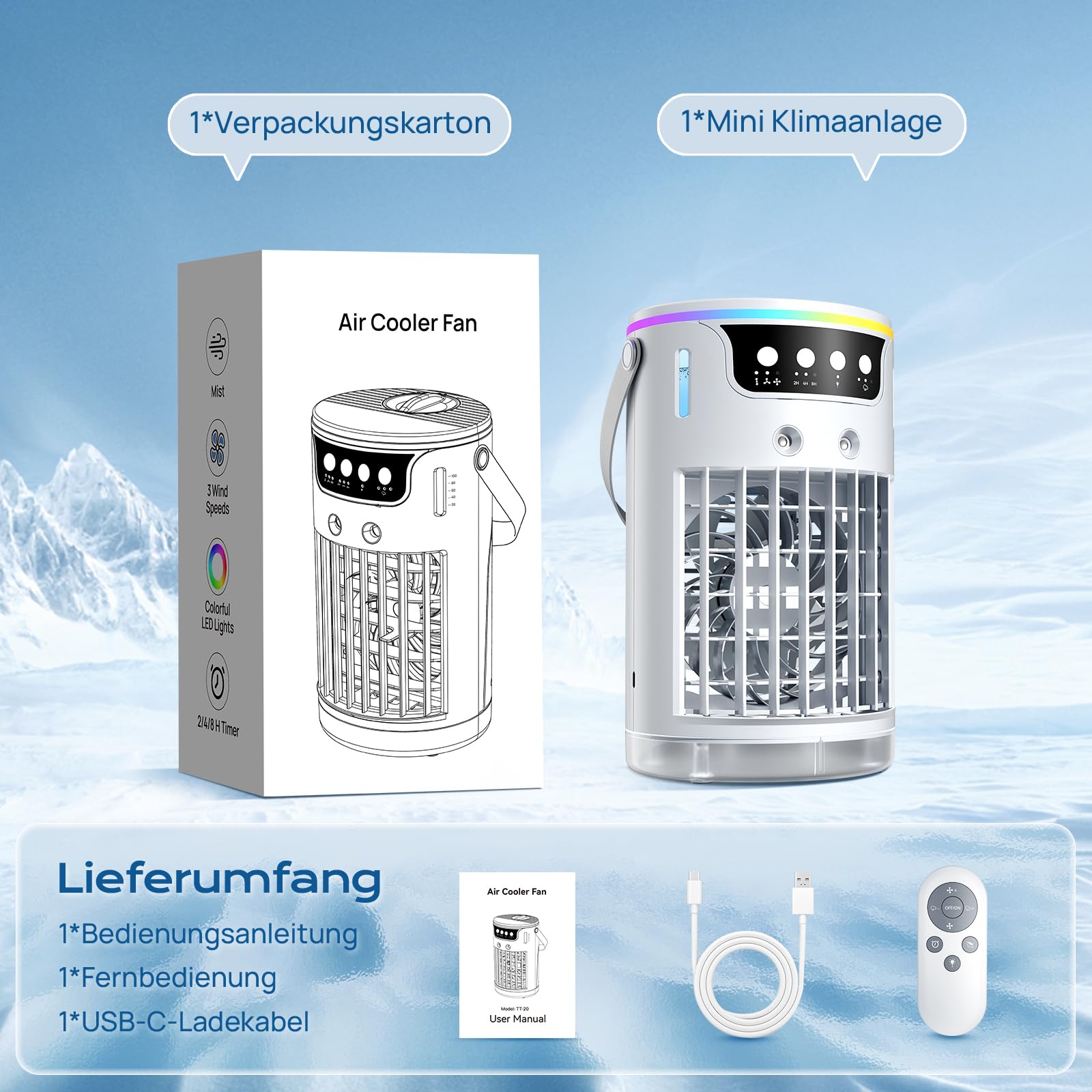 Mobile Klimaanlage, USB 4 In1 Mobile Klimagerät mit 3 Stufe Eis-Kühlnebel, Für Büro Zimmer und Schreibtisch, 1200 ML Tragbare Mini Luftkühler mit 2-8H Timer, 3 Geschwindigkeiten, 7 Farben Nachtlicht