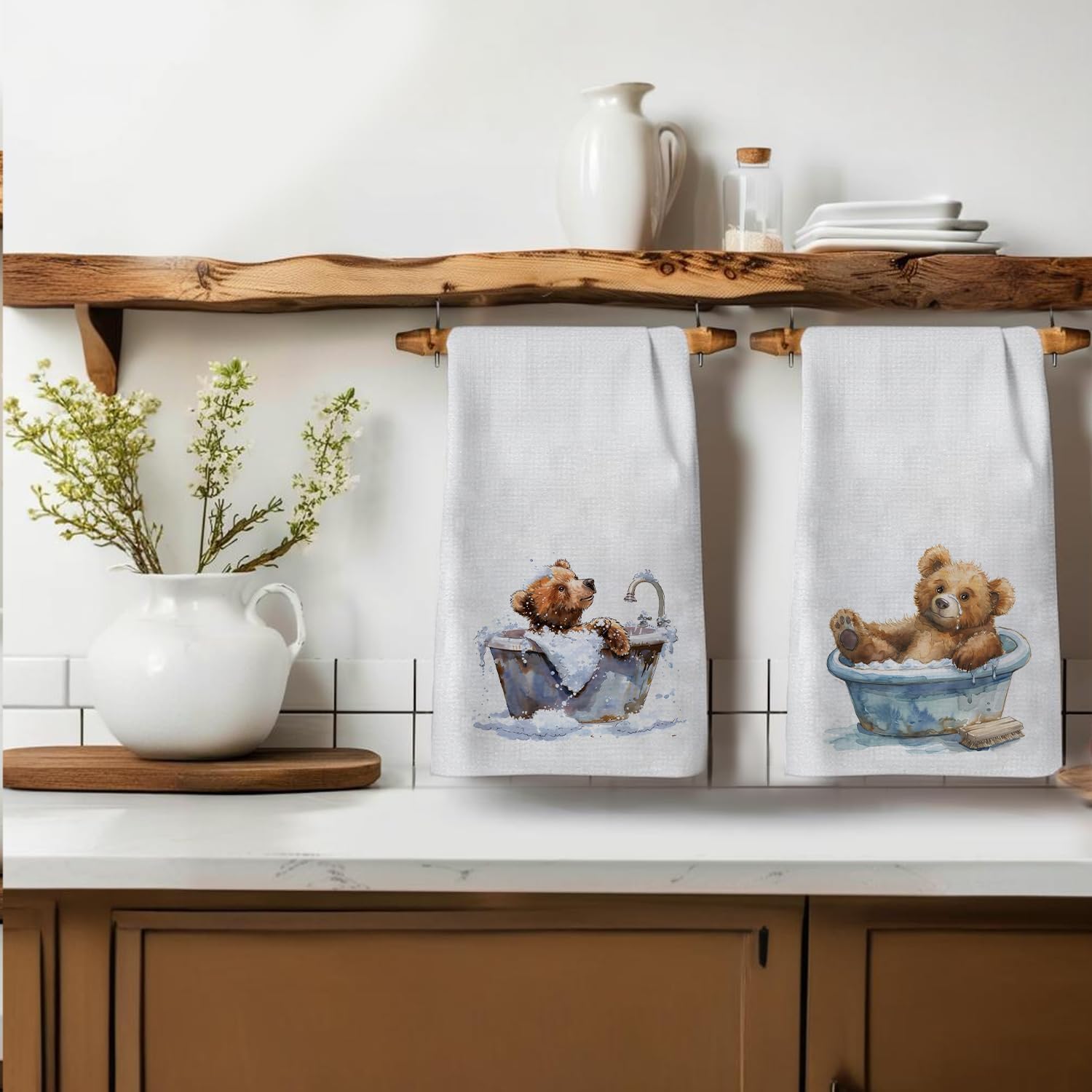 Brown Bear Bathroom Decor Hand Towels Set of 2, Cute Animal Bathing Bear Decorative Hand Towels for Kids Bathroom Washroom Kitchen, 16x24 Inch - Image 3
