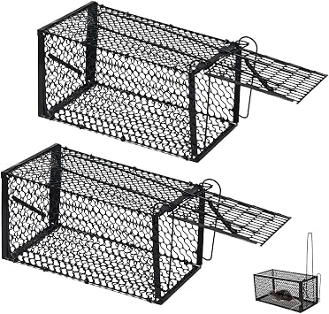 Humane Rat Traps, 2 Pcs Reusable Squirrel Traps, Live Rat Cage Trap, Humane Mouse-trap for Voles Hamsters Indoors Outdoors Home Office Use, Black