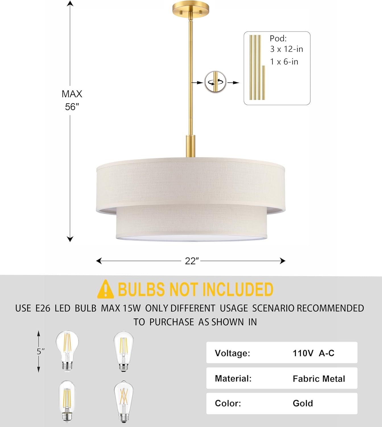 5 Light 22 Inch Cream Fabric Shade Hanging Pendant Ceiling Light Fixture,Adjustable Rod Semi Flush Mount Light Brushed Nickel Finish for Bedroom,Living Room,Dining Room Hallway