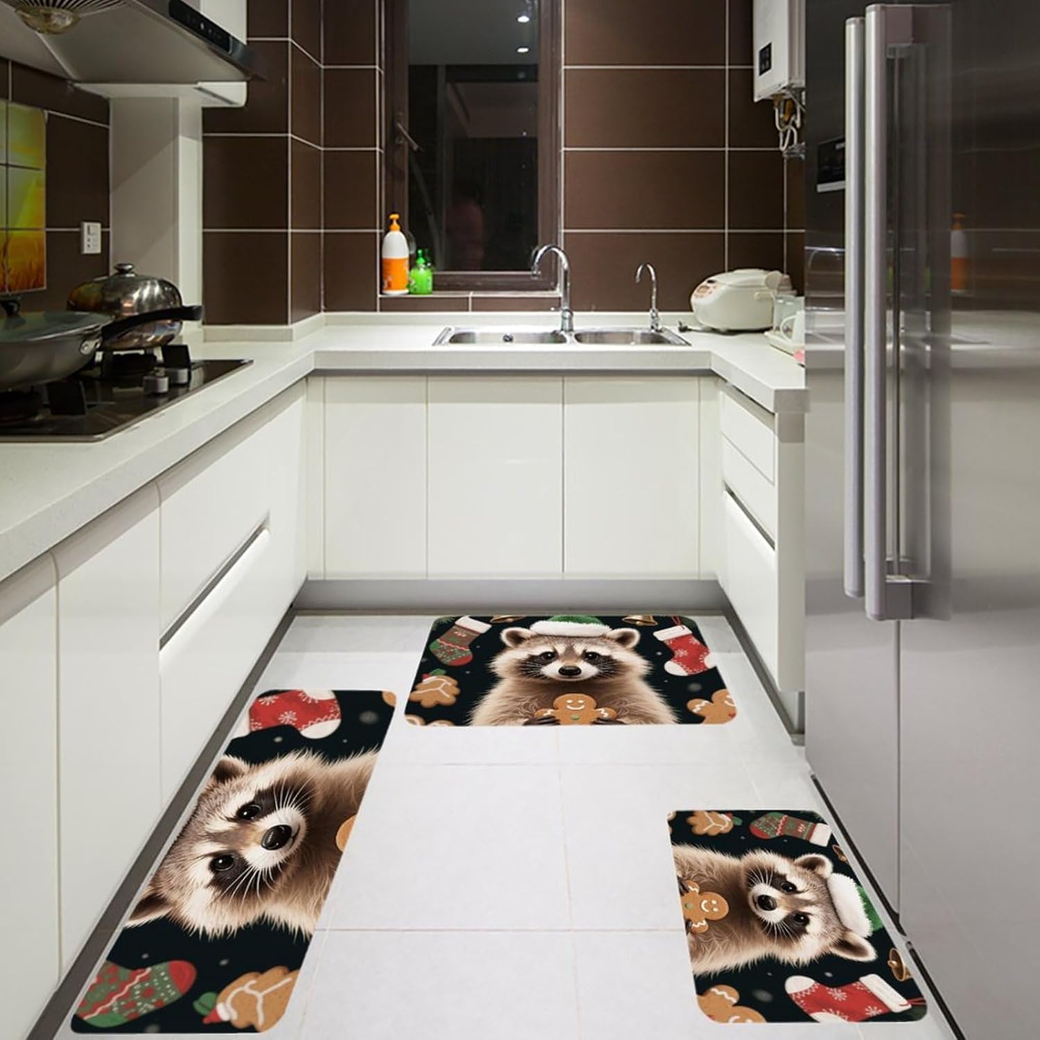 Christmas Raccoon Kitchen Mats for Floor 3 Pcs Kitchen Rugs