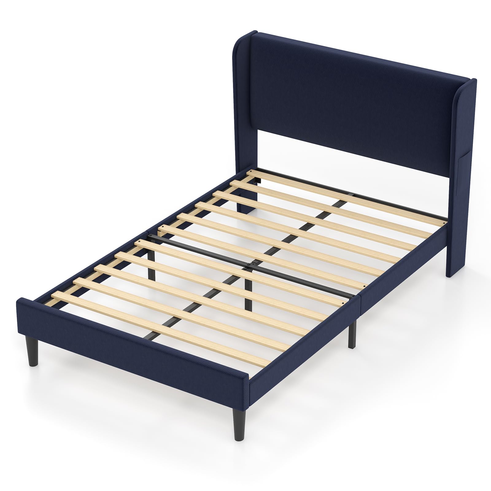 Full Size Upholste  Bed Frame with Headboard - Vertical Grain Upholstery, No Box Spring Needed, Noise Free, Solid Wood Slats Support, Wingback Design