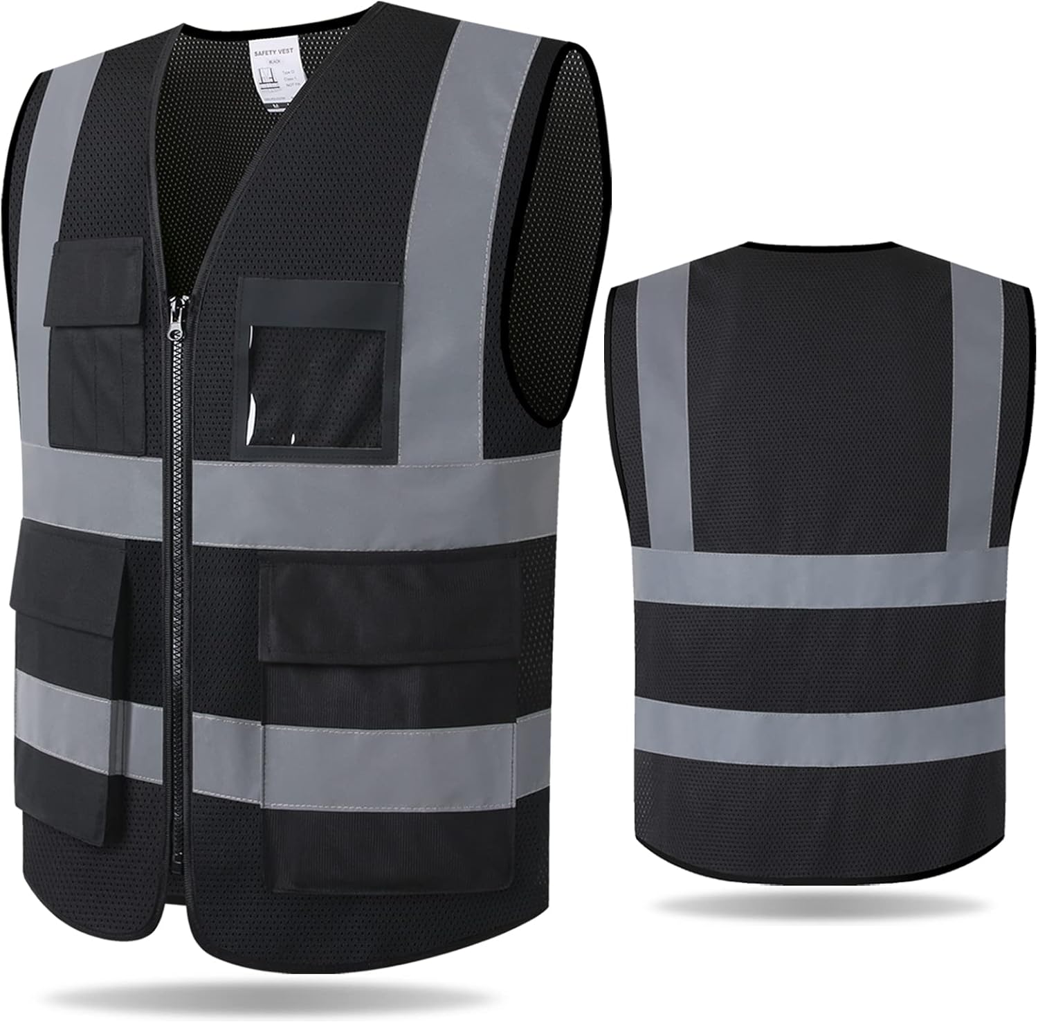 Reflective Safety Vest for Men Women with 8 Pockets and Zipper High Visibility Mesh Construction Work Vest Meets ANSI/ISEA Standards (KZ170-Black, M)