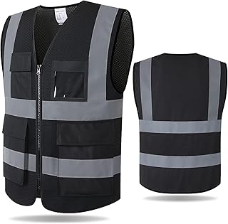 Reflective Safety Vest for Men Women with 8 Pockets and Zipper High Visibility Mesh Construction Work Vest Meets ANSI/ISEA Standards (KZ170-Black, L)