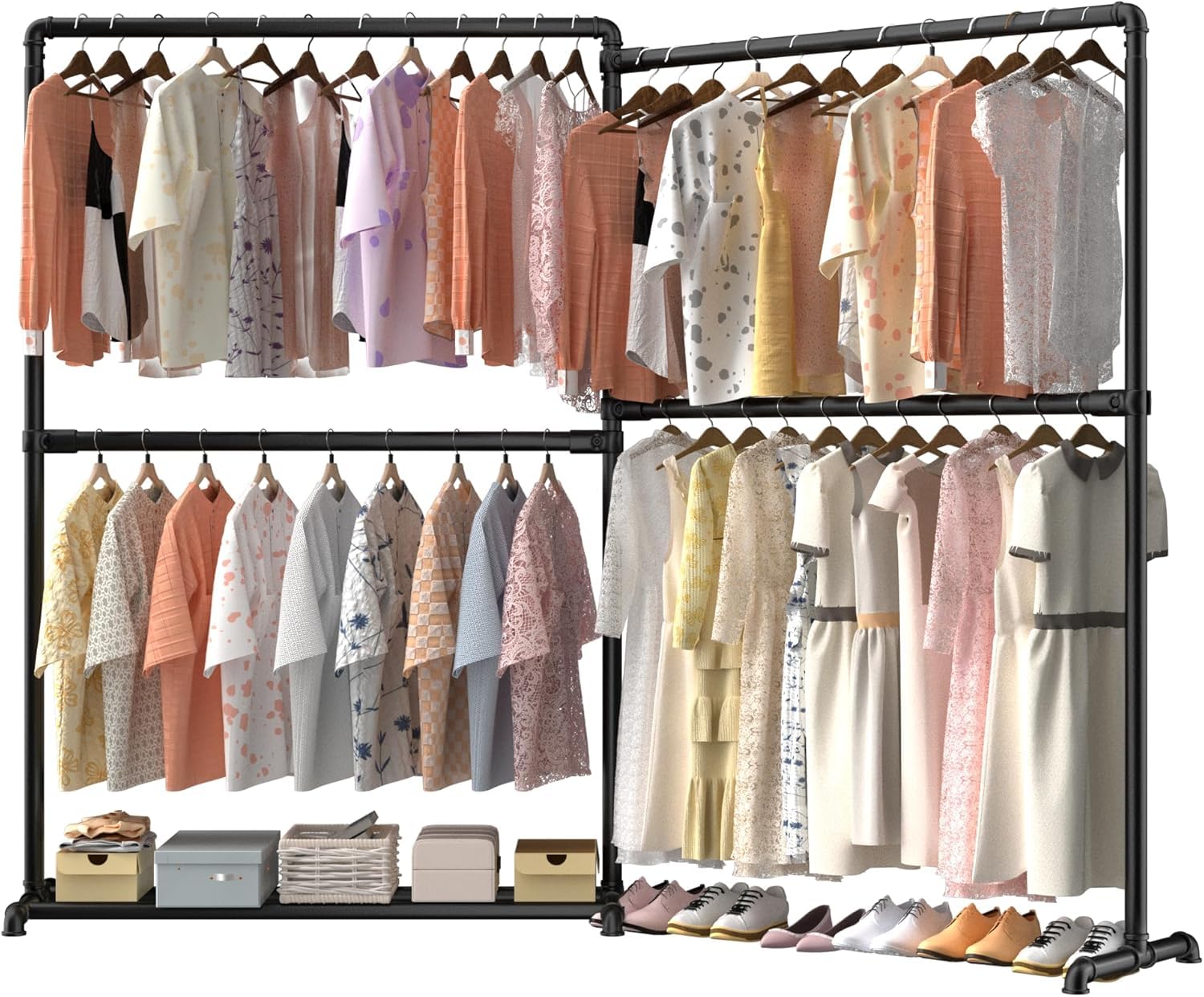 LOEFME Heavy Duty Clothes Rail with 360° Foldable Side Arms, Freestanding Metal Clothes Rack with Bottom Storage Shelf for Bedroom or Shop, 150 kg Load Capacity (Black)