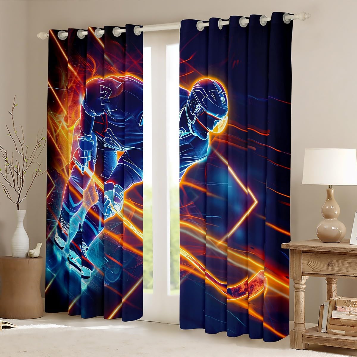 Ice Hockey Curtains for Kids Girls Boys Hockey Player Window Drapes Decorative Sports Games Event Window Curtains for Bedroom Living Room Winter Sports Hobby Window Treatments, 42x84 Inches,2 Panels