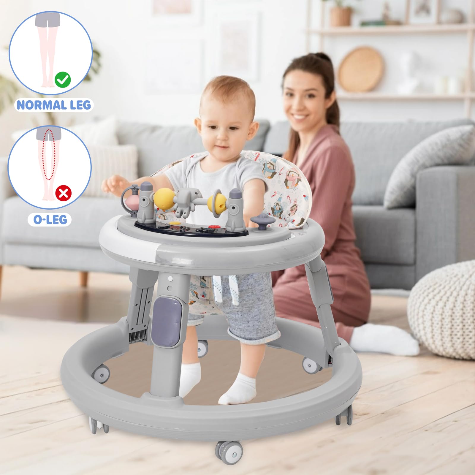 Andador Bebes 3 en 1 con Zona de Juegos, Bandeja y Reposapiés, Altura Ajustable, Ruedas Silenciosas de 360°, Plegable y Resistente, Apto para Niños a Partir de 6 Meses (Gris)