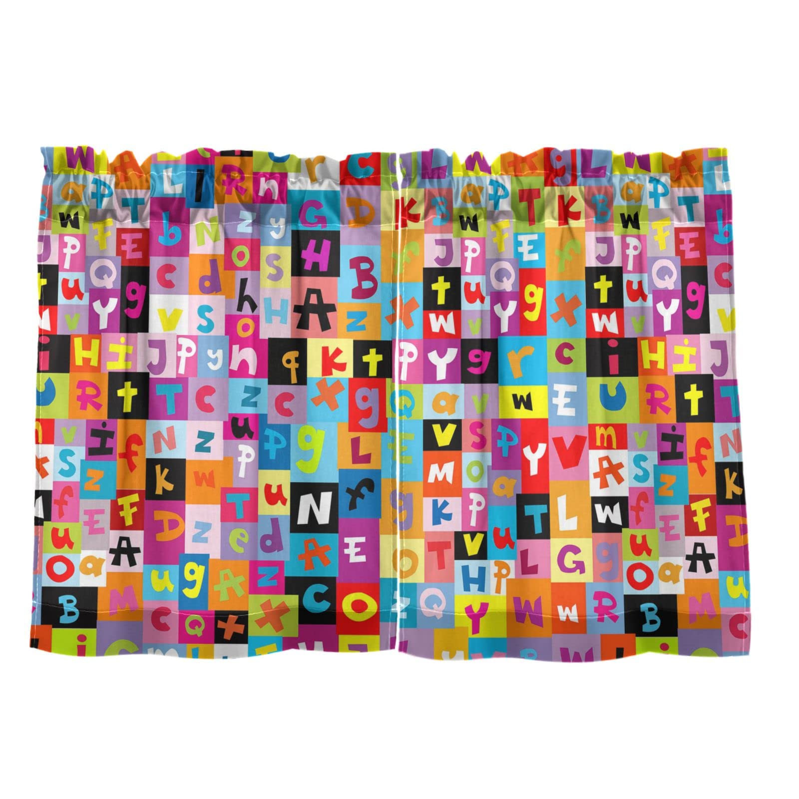 Poeticcity Multi 2 Colorful Pattern With Letters Of Alphabet Checker Grids 2 Panels Kitchen Small Window Curtains, Tier Curtains Rod Pocket Half Short Curtains Blackout Cafe Drapes One Image 27X24 In