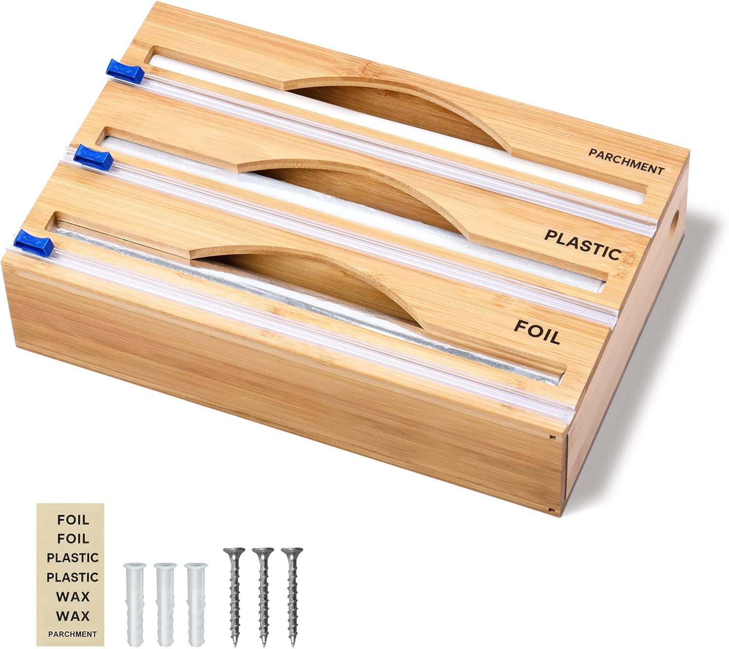 GLGLMA 3 in 1 Bamboo Plastic Wrap Dispenser Organizer With Cutter,12" Rolls Cling