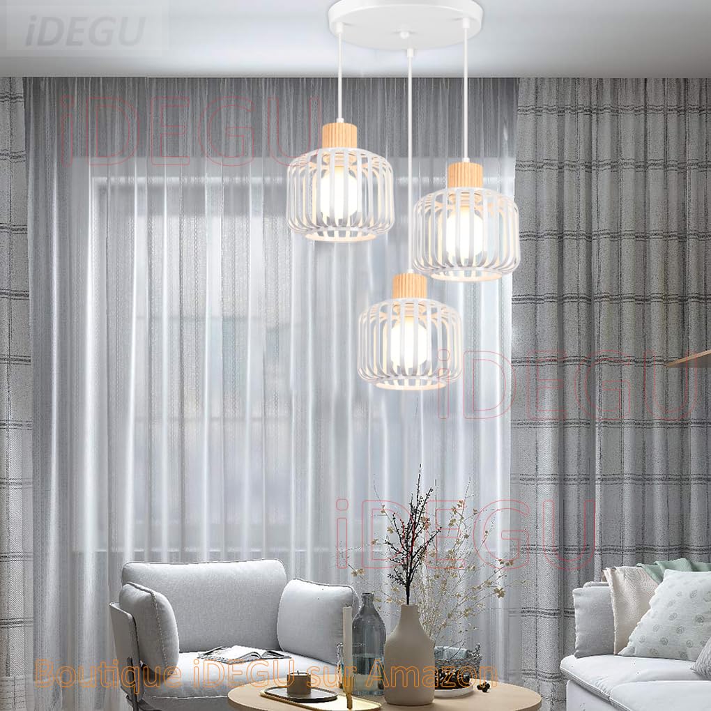 iDEGU 3-flammig Pendelleuchte Retro Vintage Hängelampe aus Holz Metall Industrie Lampe Käfig Lampenschirm E27 Deckenleuchte Moderne Hängeleuchte für Wohnzimmer Küche Esszimmer Cafe (Rondell, Weiß)