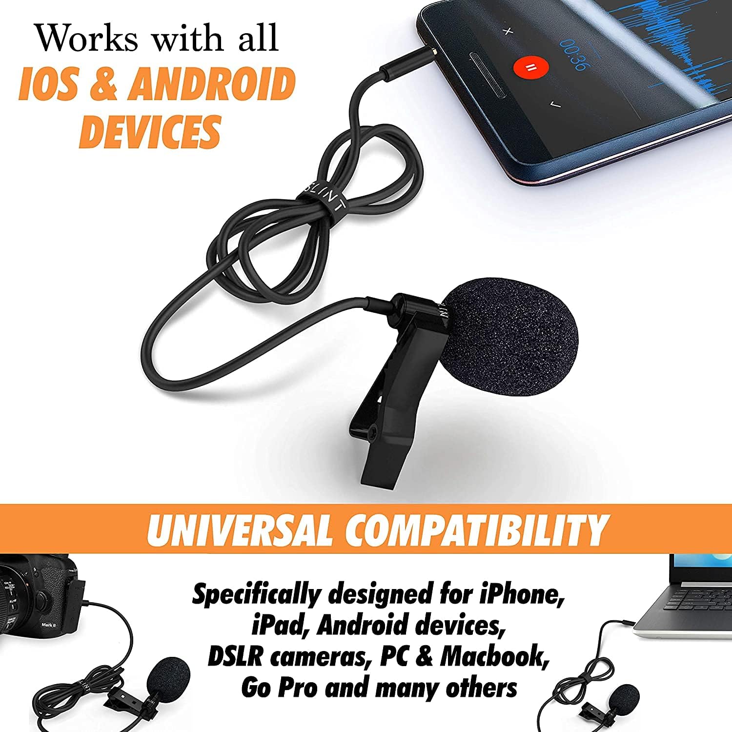 Slint Lavalier Lapel Microphone - One Clip On Microphone with Omnidirectional Condenser - Wireless Lav Mic Compatible with iPhone, Android, Samsung, GoPro, DSLR-Clip On Mic for Recording YouTube Video