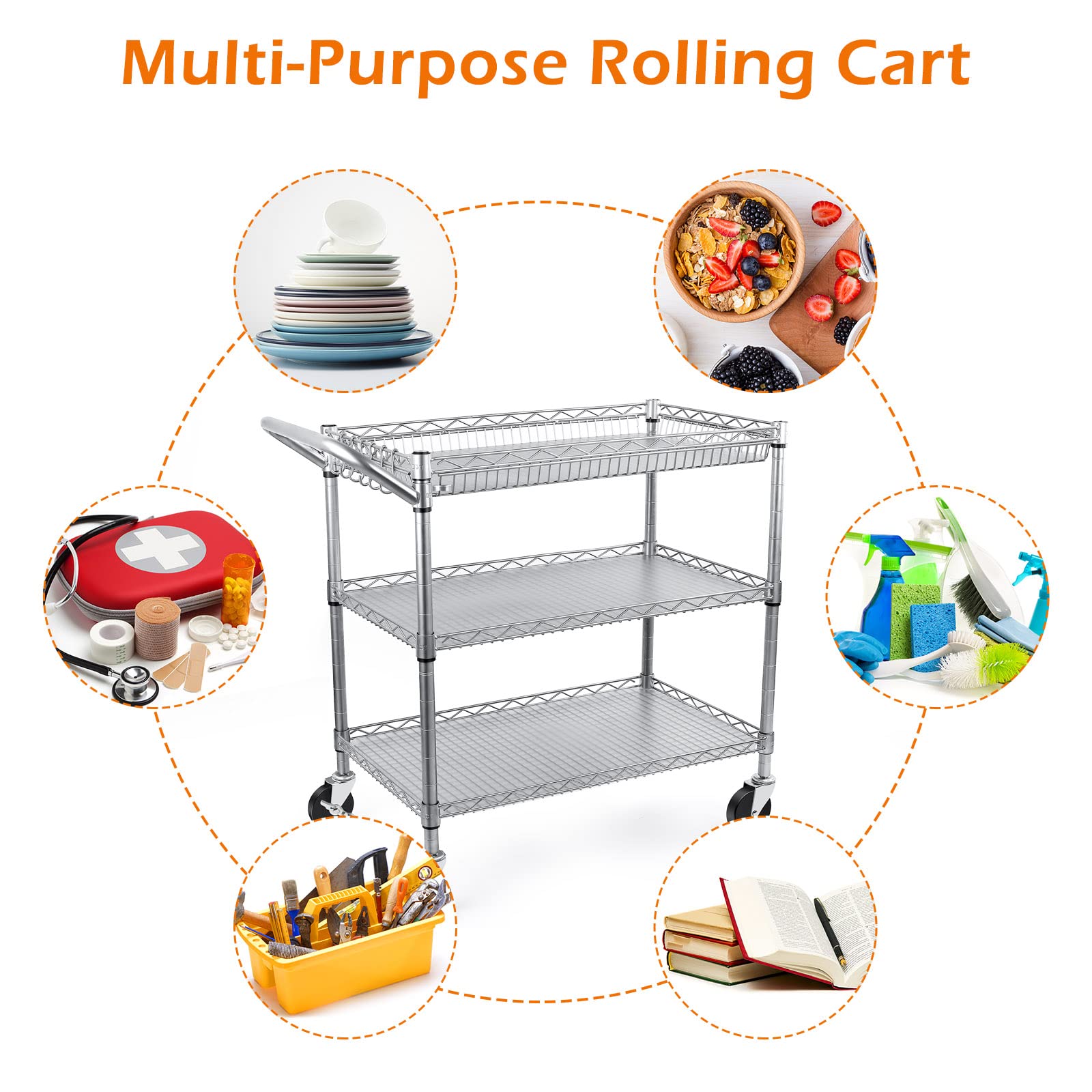WDT Heavy Duty 3 Tier Rolling Utility Cart, Kitchen Metal Utility Carts with Handle Bar, Utility