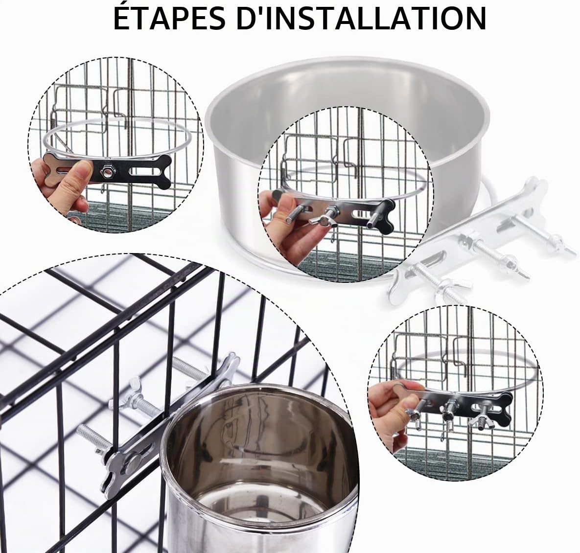 Gamelle suspendre robuste et durable en acier inoxydable - Support à trois boulons - Bol à eau et nourriture à suspendre - Convient pour animal de compagnie