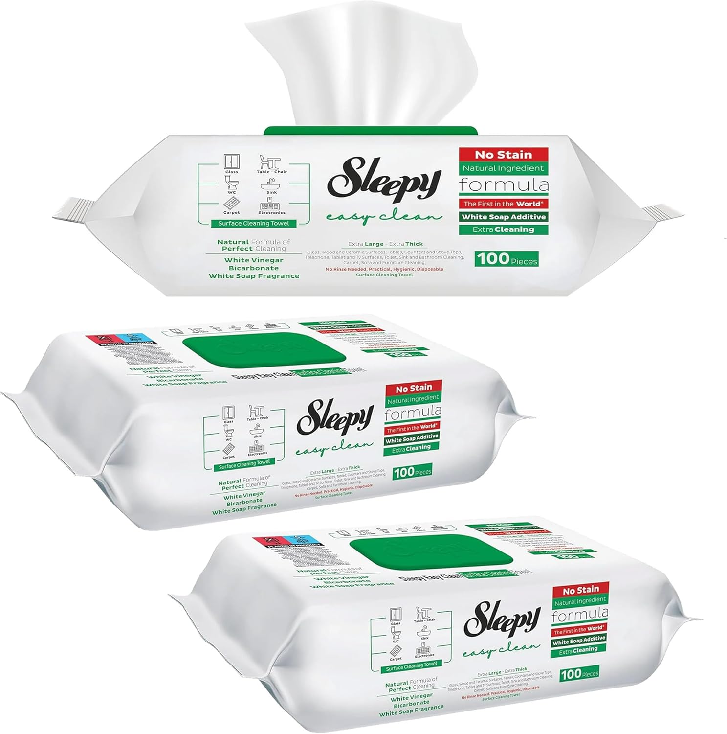 Sleepy Pack of 2, 3 and 6, Easy Clean All Purpose Cleaning Wipes, White Vinegar and Baking Soda Formula, Chemical-Free, 100 Count (PACK OF 3)