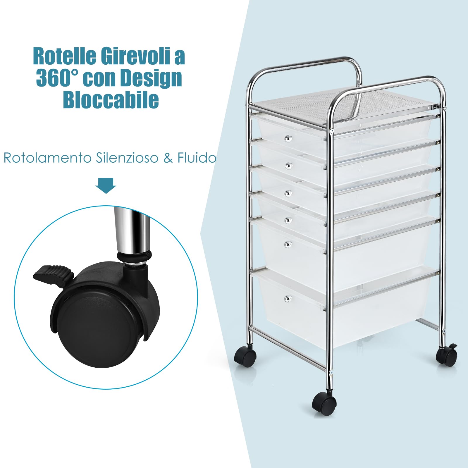 COSTWAY Carrello con 6 Cassetti e Ruote, Cassettiera in Plastica, con Due Dimensioni di Cassetti, Contenitore Multiuso per Casa Bagno e Ufficio, 37 x 74 x 32cm (Trasparente)
