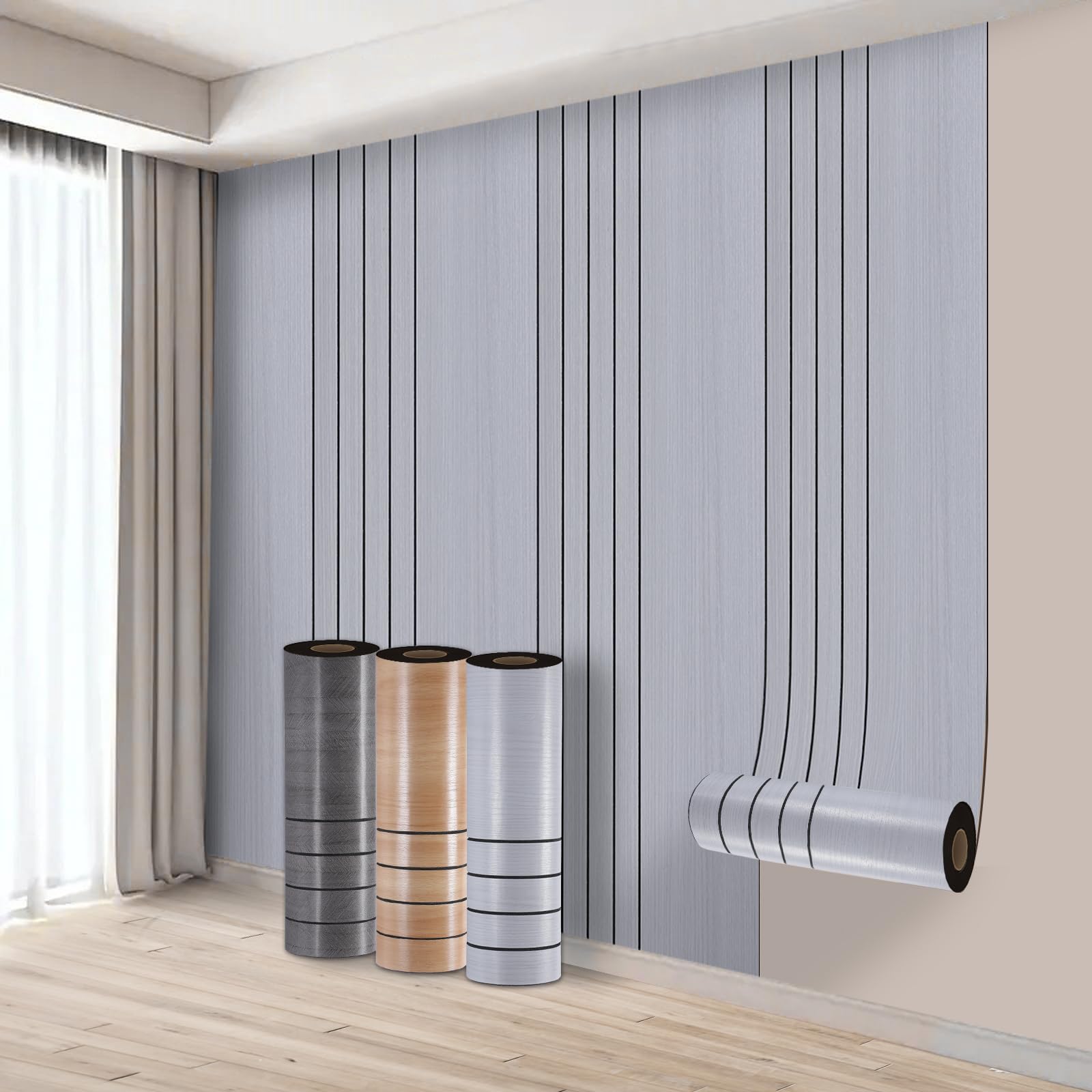 Takezuaa 5 Roll Self Adhesive Thermal Wallpaper 3mm Thick Light Grey Peel and Stick Wall Panels Wood Effect Wallpaper for Walls Ceilings - Suitable for Living Room, Meeting Room, TV Wall 40cm x 3m — image 1