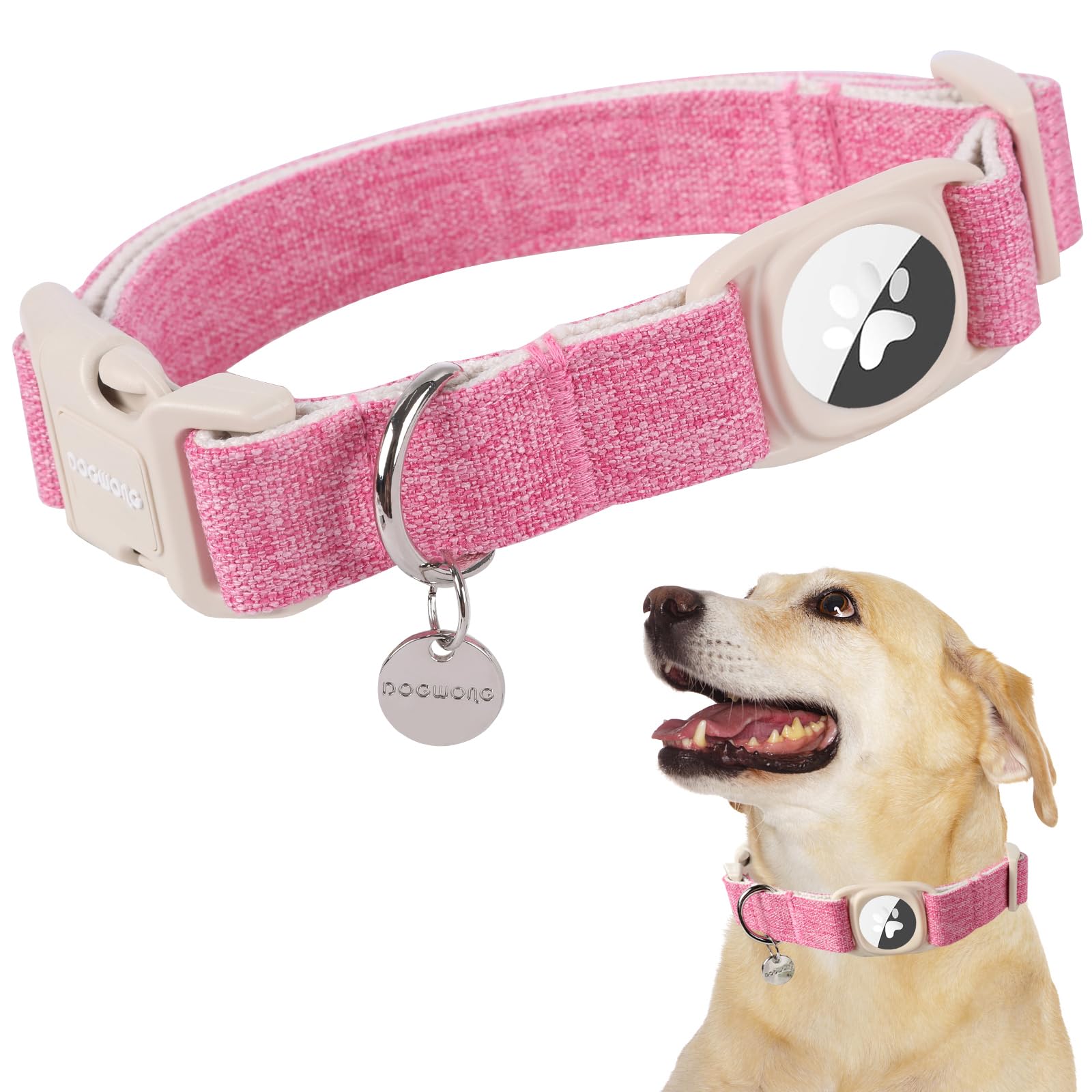 DOGWONG Airtag Cotton Hemp Dog Collar, Heavy-Duty Dog Collar with Airtag Holder Pink Natural Fabric Pet Collars for Small Medium Large Dogs