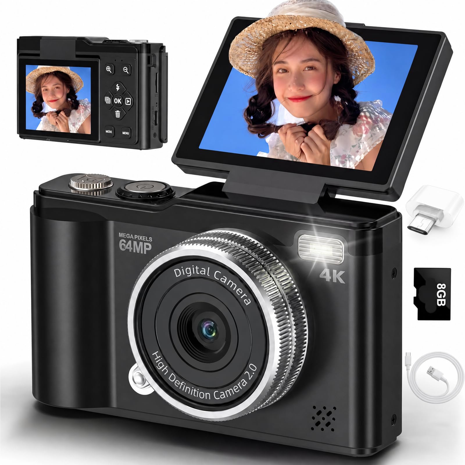 Amazon | 4K 6400万画素 デジカメ 180度回転可能ディスプレイ 自撮り