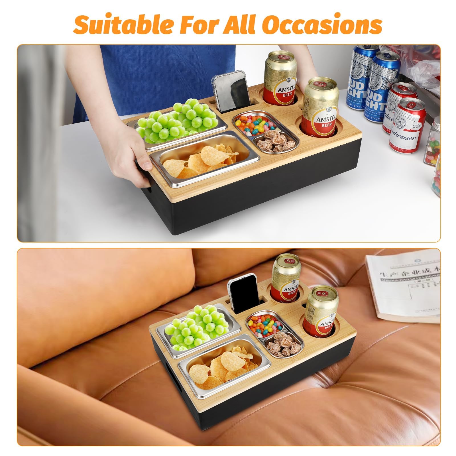 Auauraintt Sofa Tablett, Couchbar Snackbox, Mit Snackschalen Aus Edelstahl,mit Abnehmbarer Deckel, der perfekte Couch Organizer, für Wohnzimmer Sofa Restaurant Picknick Party