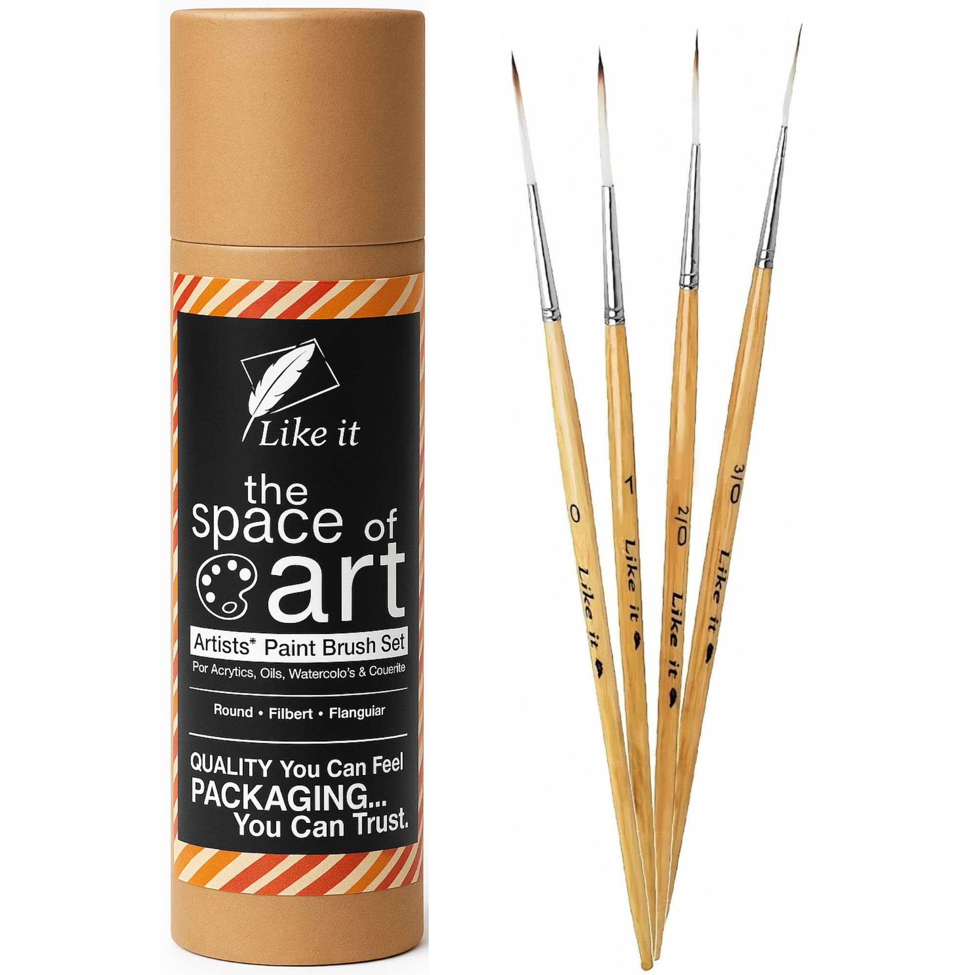 Like it Long Liner Detailing Paint Brushes Set 4pc Synthetic Hair Fine Pointed Rigger Script Brushes Sizes 000, 00, 0,1 for Watercolor Oil Acrylic Gouache Includes Brush Holder