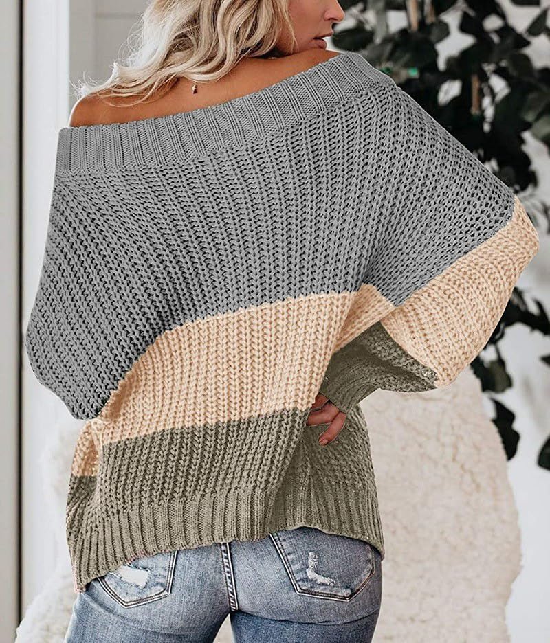 Womens Long Sleeve Off - Shoulder Color - Block Cable Knit Chunky Striped Loose Pullover Sweater Oversized2