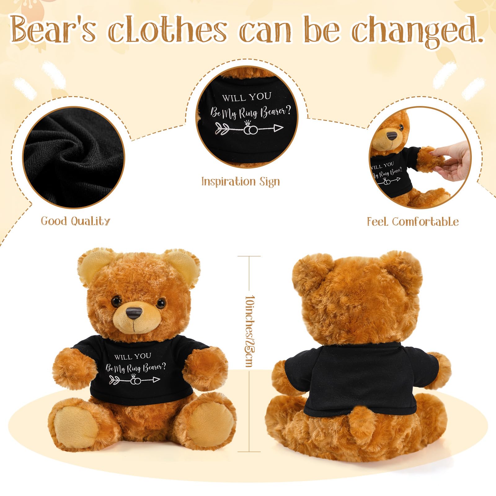 Jexine 2 Pieces Wedding 10 Inch Bear Stuffed Animal Will You Be My Flower Gril Bear Bearer Ring Proposal Gifts from Bride Groom with Clothing for Wedding Proposal Anniversary Party(Ring Bearer)
