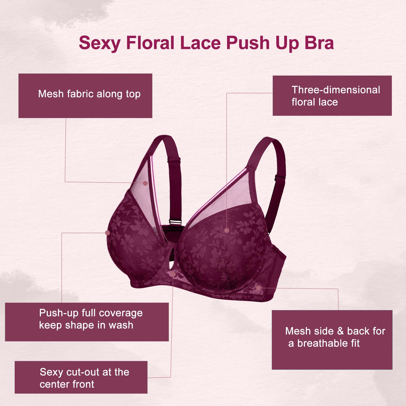 FallSweet Sujetador Escote Profundo Push up de Encaje para Mujer Push Up Sujetador con Aros Acolchado Añade una Copa Sujetador Sexy