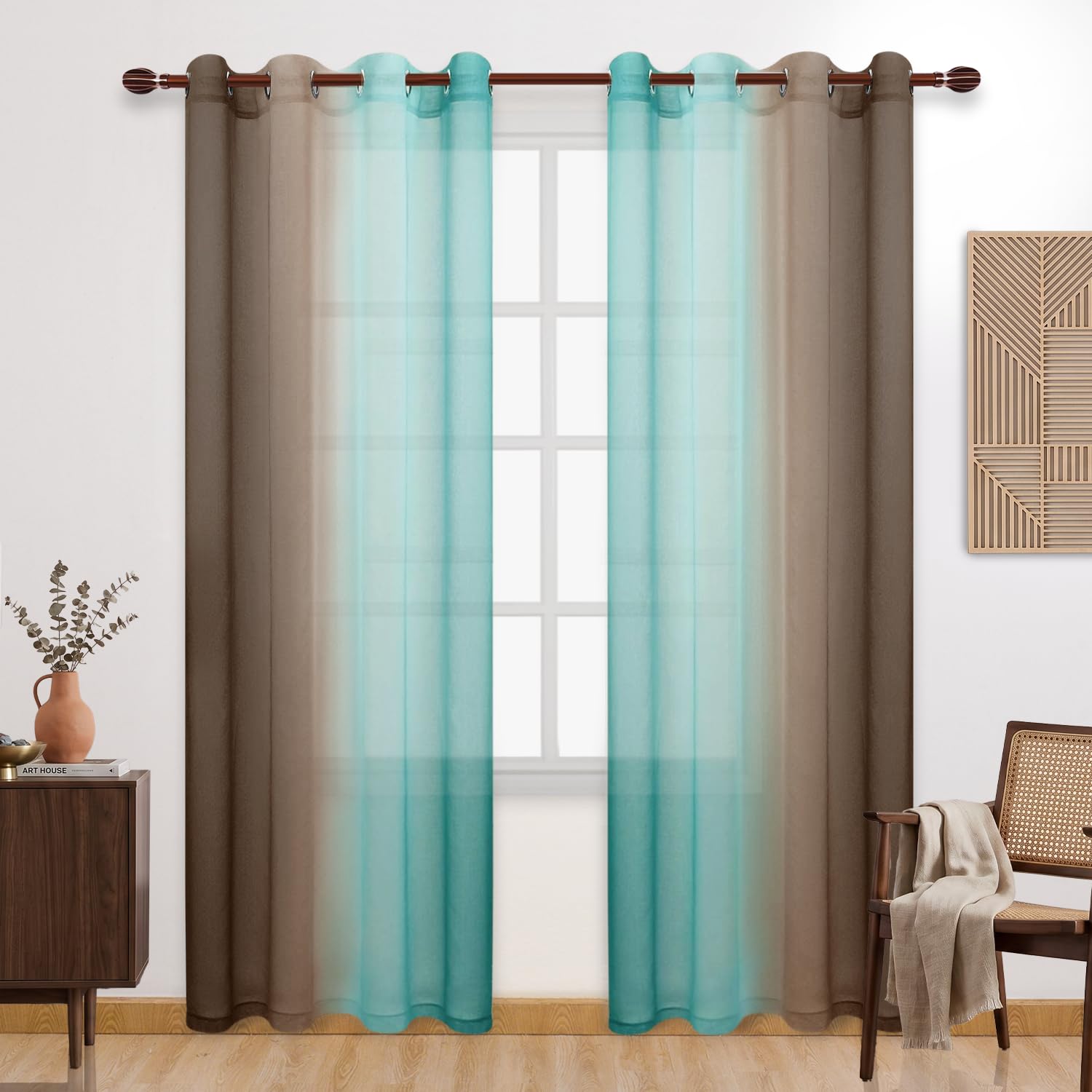 DWCN Ombre Sheer Curtains - Faux Linen Semi Voile Grommet Top Gradient Curtains for Bedroom and Living Room, Set of 2 Window Curtain Panels, 52 x 84 Inch Length（Teal and Chocolate Brown