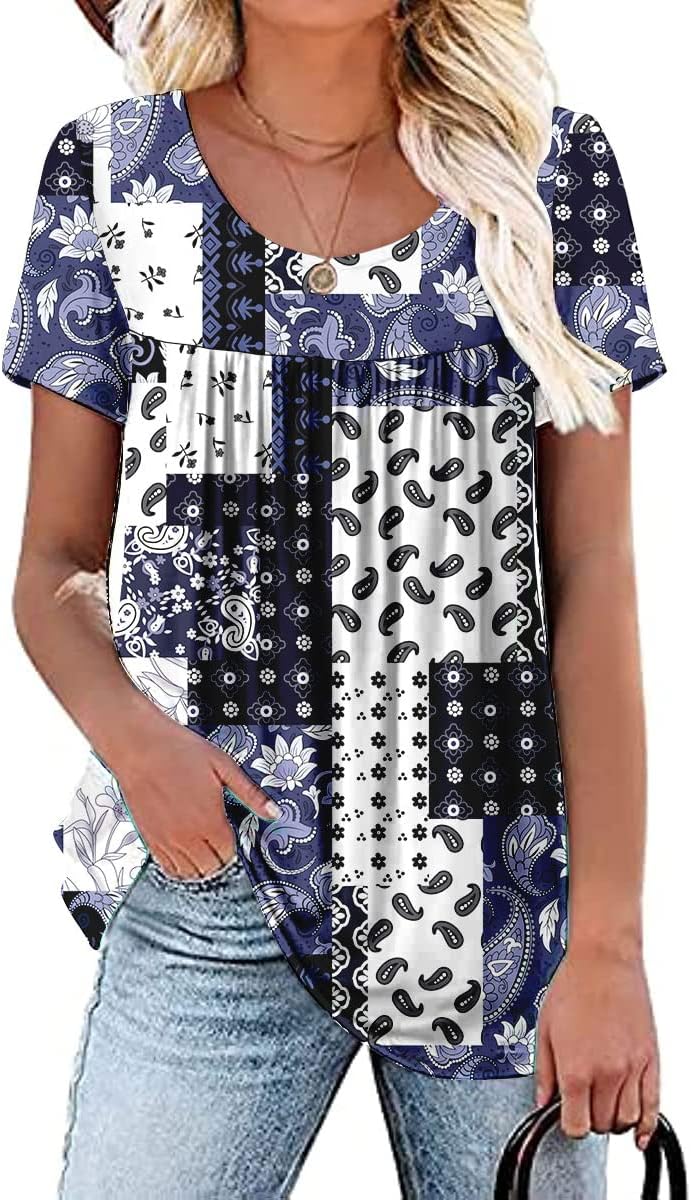 Women’s Summer Short Sleeve Tunic Plus size ladies shirts Floral Blouse Loose Flowy Tops for Leggings M-4XL