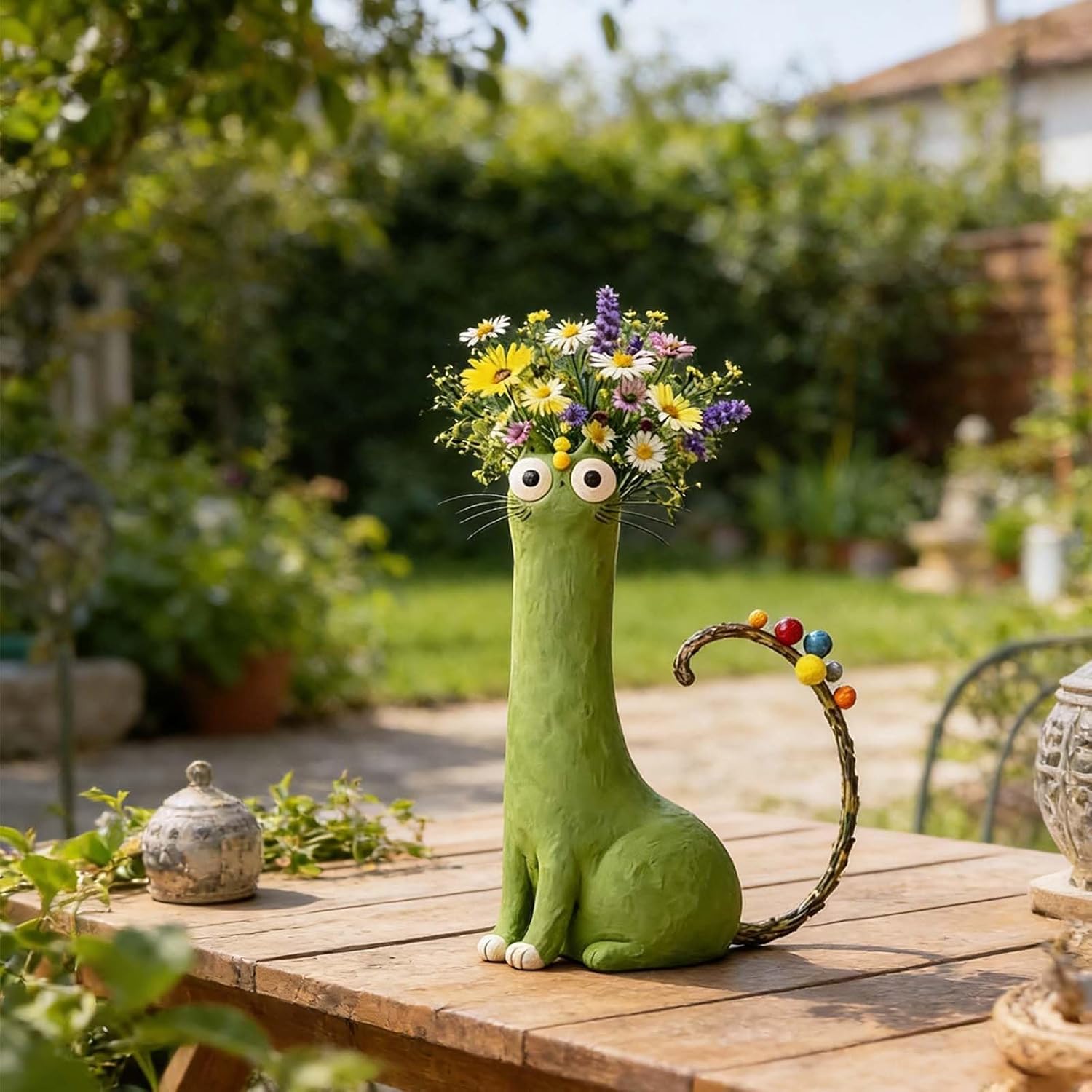 Handcrafted Quirky Resin Cat Vase, Whimsical Kitty Planter for Small Flower, Flower Vase Boho Shelf Decor Desk Ornament Gift for Cat Lovers (Green Sitting Posture+Yellow+Black)