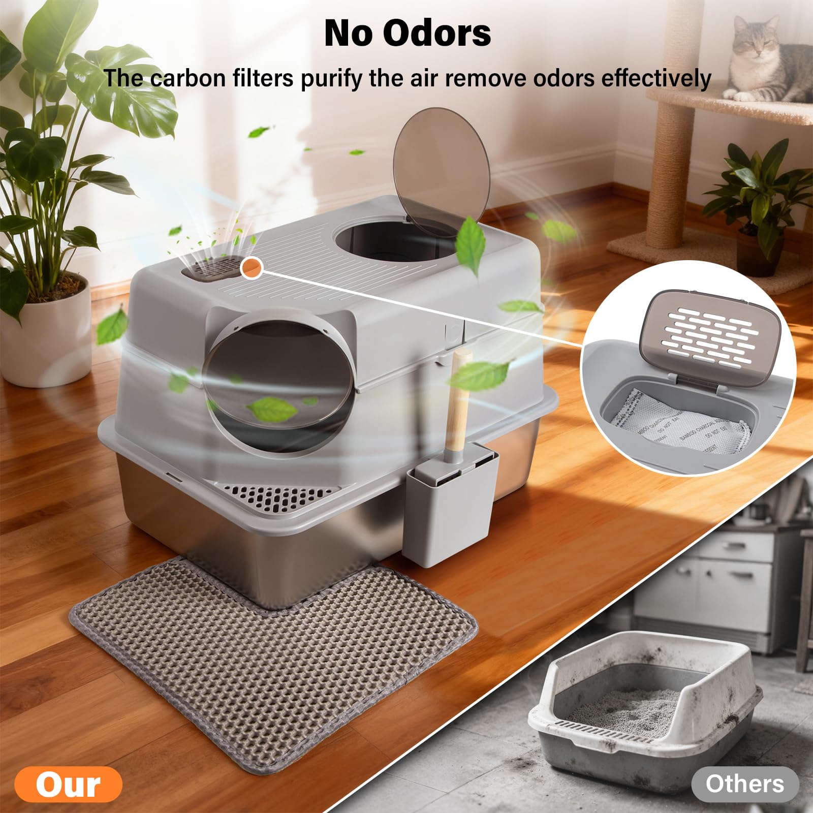 EGMEHOAD Stainless Steel Litter Box with Lid,Extra Large Enclosed cat Litter Box, Metal litterbox with Flip Top,Front and Top Entry,Anti-Leakage,Easy Cleaning,Includes Carbon Filters & Scoop & Mat - image 7