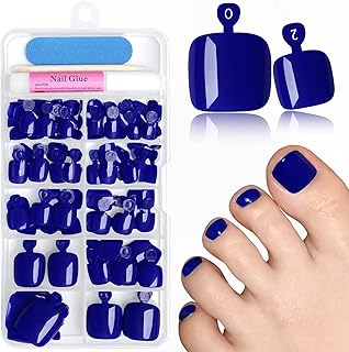 144pc Press on Toenails for Women Toe Nail Press ons Short Square with Glue&Jelly Glue, Blue Fake Toe Nails Glue on Toe Nails, Full Cover Acrylic Artificial Toe Press on Nails