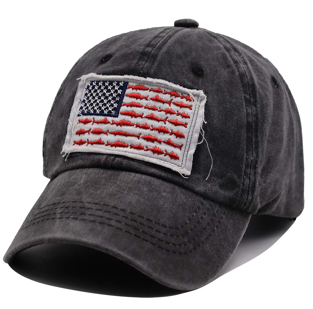 American Fish Flag Hat, Distressed Cotton Adjustable Embroidery Baseball Cap for Men Women