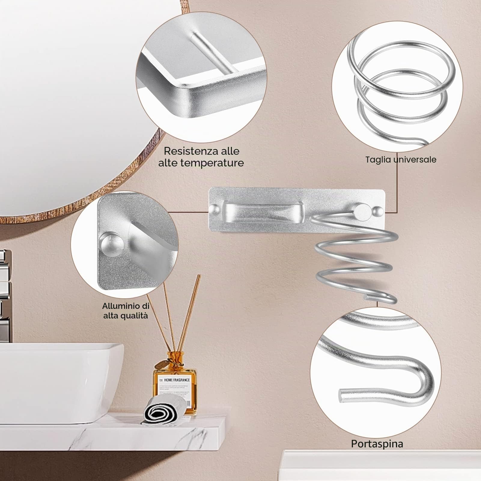 YUET Supporto per asciugacapelli, Porta Asciugacapelli da Parete Alluminio con Viti di Fissaggio per Asciugacapelli per Camere da Letto Toilette Barbiere Argentato