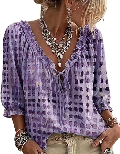 Printed Blouse Boho Womens Shirts 2026 Stylish Puff Casual Clothes Neckline Shir