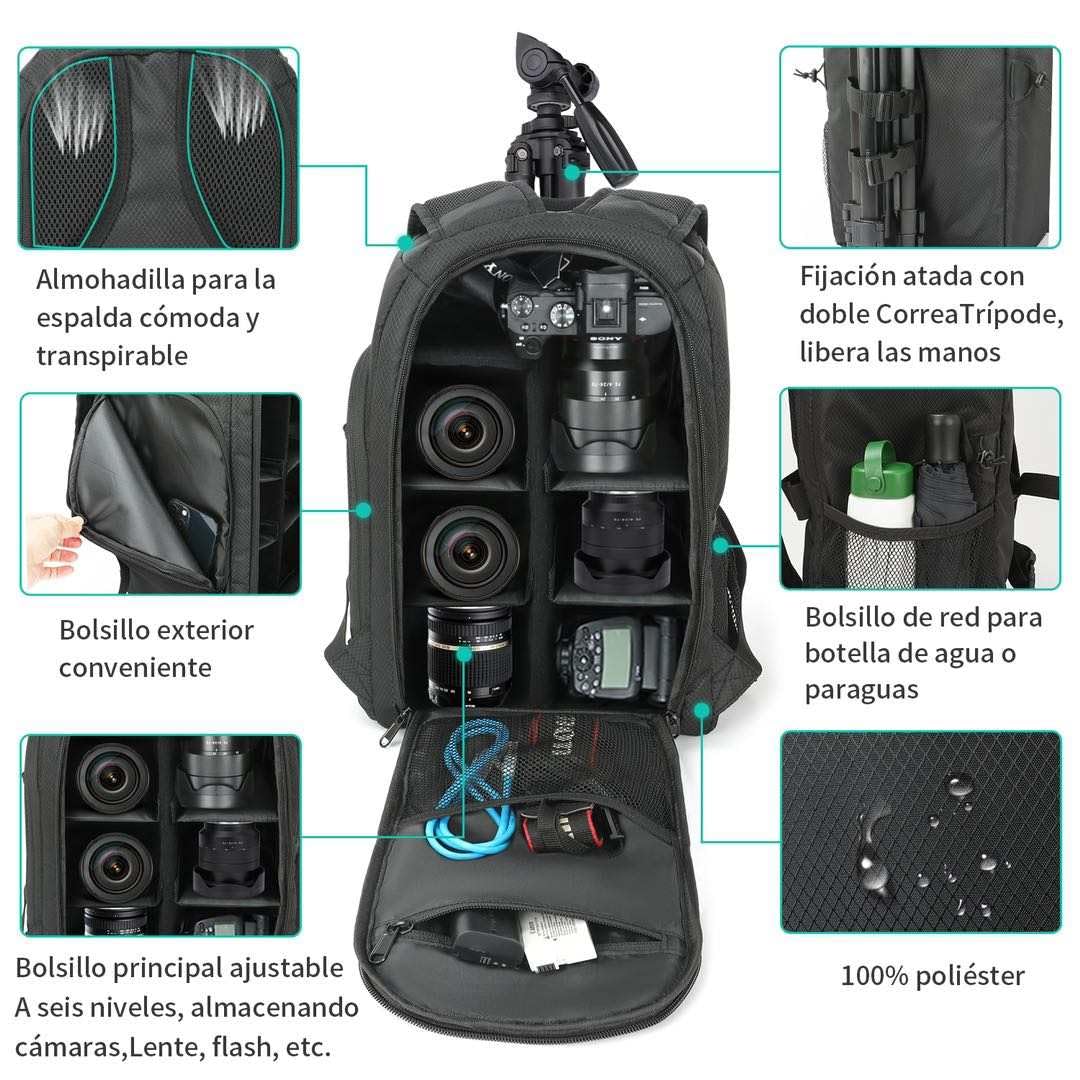 MOCHILA PARA CAMARA, CON TRIPODE, ANTIRROBO, IMPERMEABLE