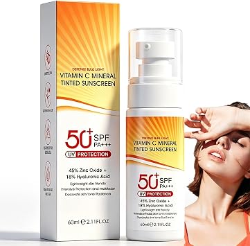 Zinc Oxide Sunscreen with Vitamin C, Mineral Sunscreen Broad Spectrum UVA/UVB Protection, Mineral Lightweight Tinted Sun Cream SPF 50 Face & Body, Non-Greasy Sunblock Moisturiser for Outdoor Beach
