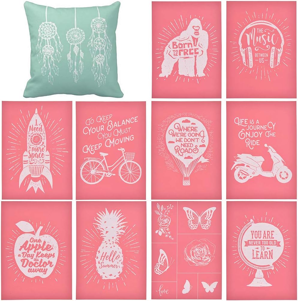 YeulionCraft Self-Adhesive Silk Screen Printing Stencil Mesh Transfers for DIY T-Shirt Pillow Fabric Painting Paper Decoration (11PCS)