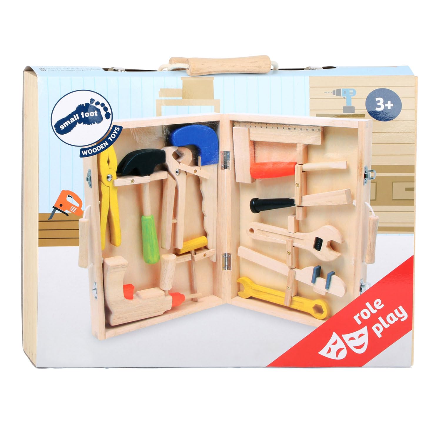 small foot Werkzeugkoffer „Lino“ aus Holz, mit 12 Werkzeugen vom Hammer bis zur Bohrmaschine, ab 3 Jahren, 2079