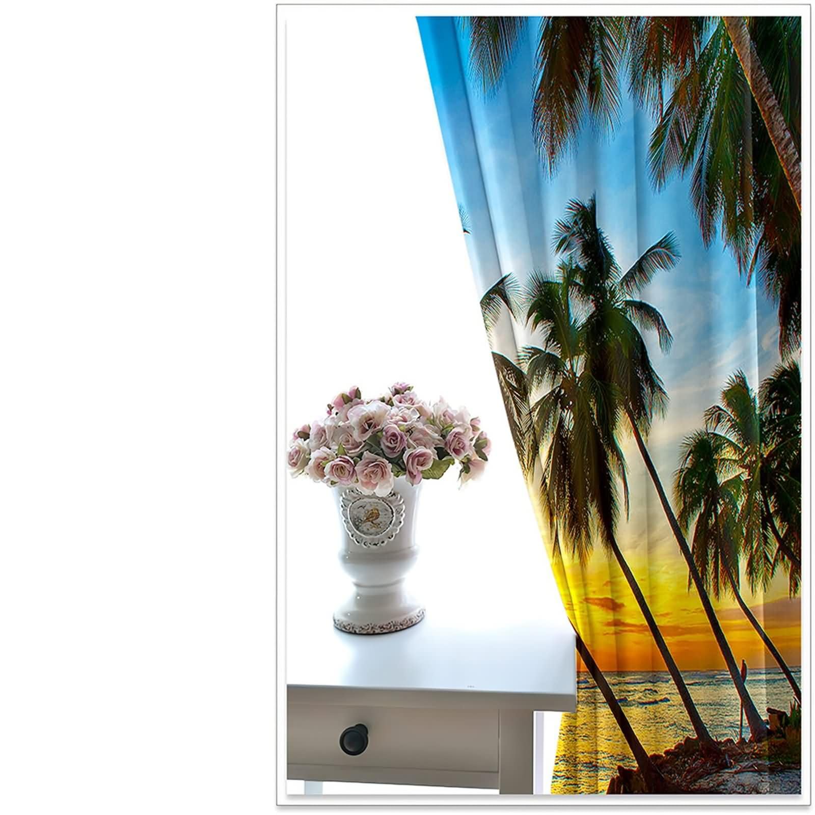 Küchen Vorhang Blickdicht 2er Set,2 x 244W x 229H cm,Vorhänge mit Ösen Palmstrand und Sonnenuntergang Landschaft Gardinen Küchen Orange Blau Grün