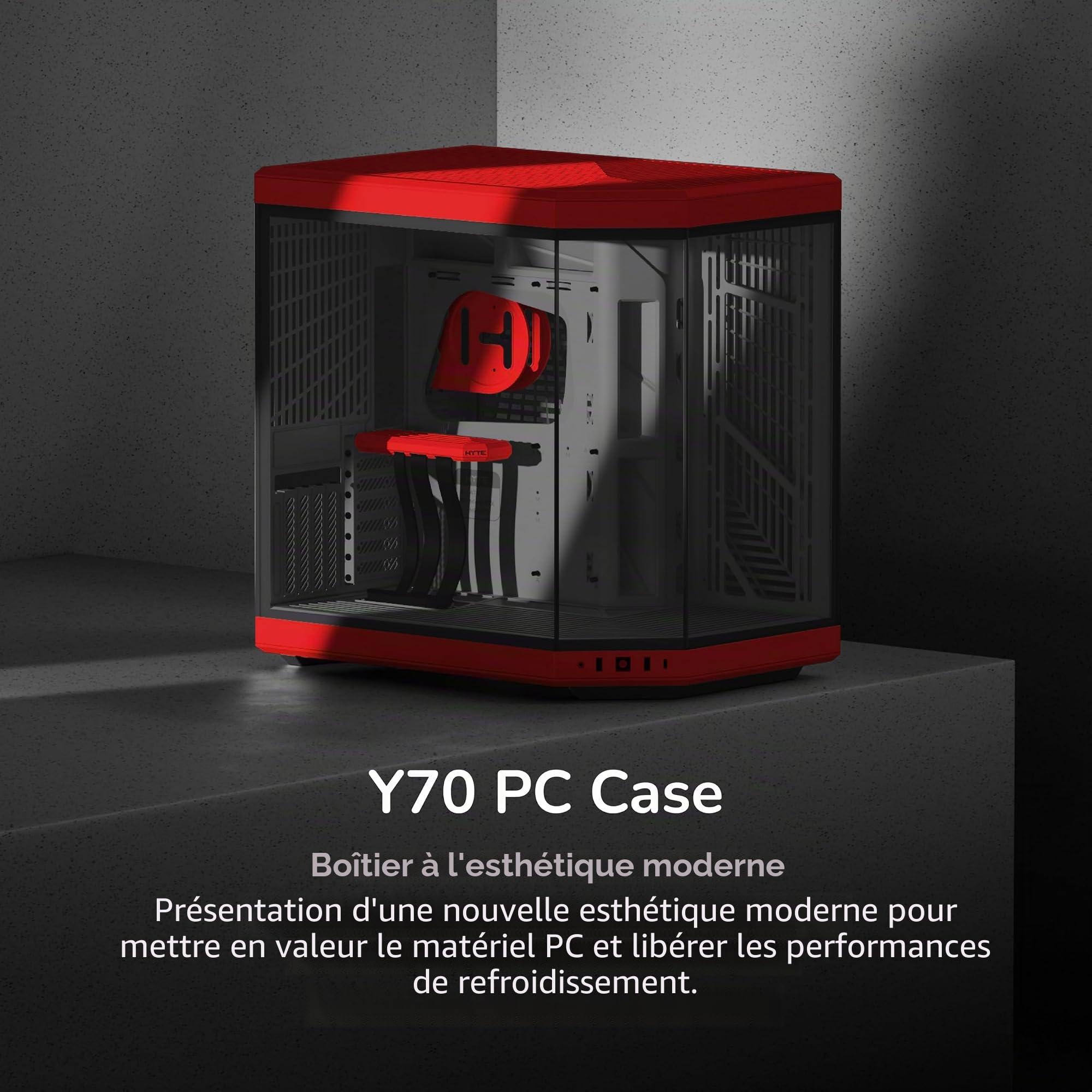 Hyte Y70 Boîtier de Jeu ATX Moderne et esthétique à Double Chambre en Verre trempé pour Tour Moyenne avec câble élévateur PCIE 4.0 Inclus, Rouge (CS-HYTE-Y70-BR)